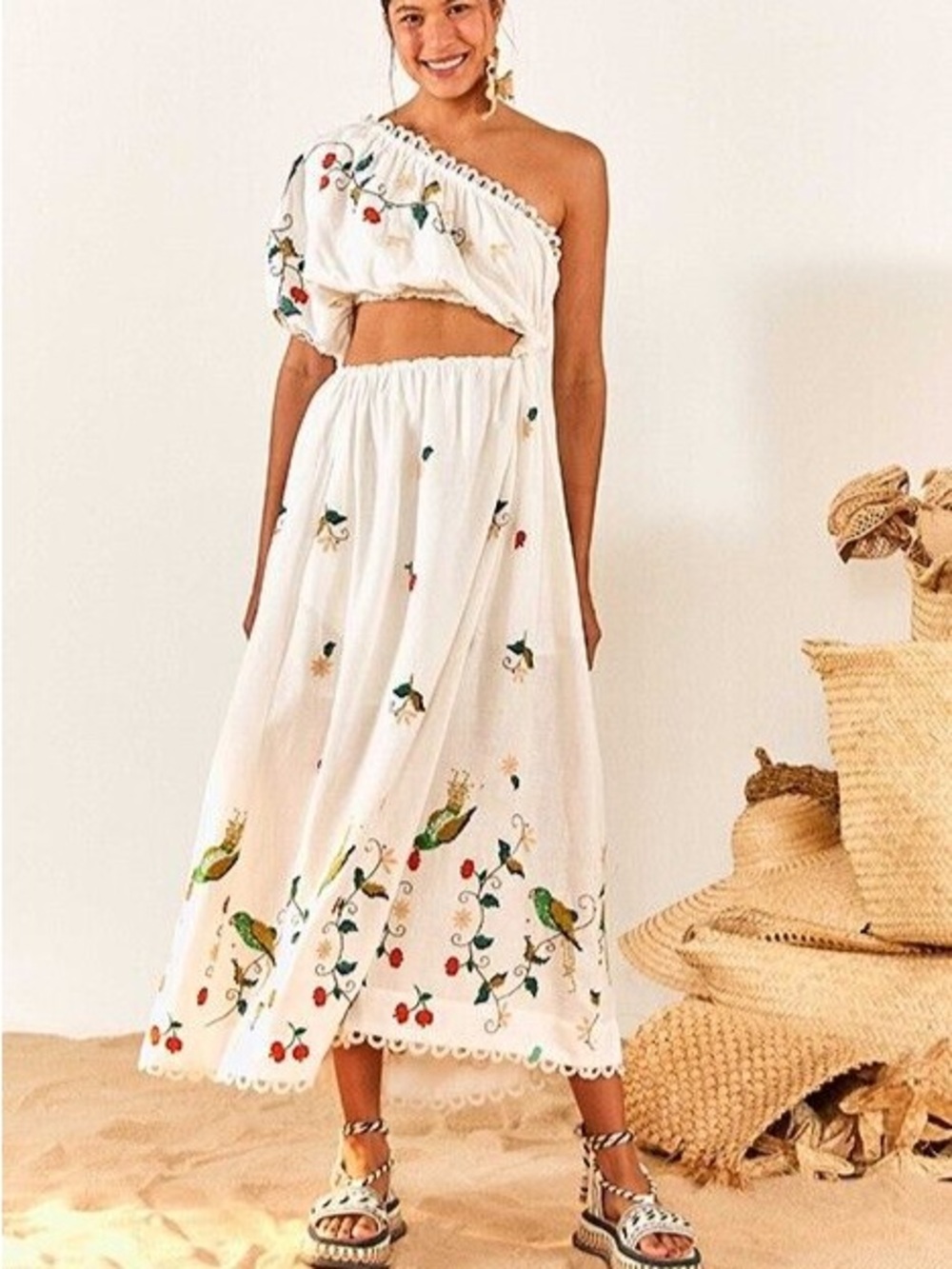 FARM RIO Pitanga One-Shoulder Embroidered Cutout Maxi Dress ā Size M ā NWOT
